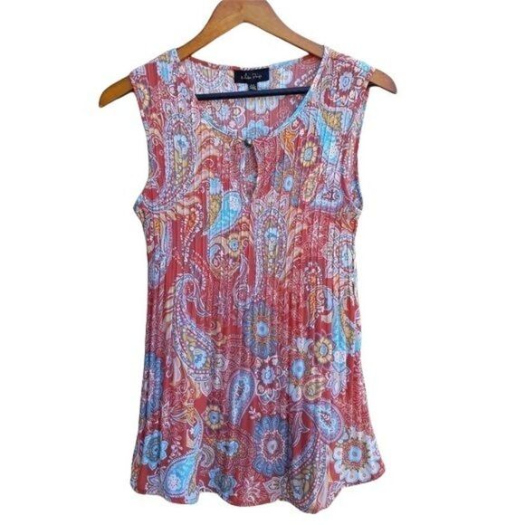 90's Pleated Paisley Print Sleeveless Keyhole Scoop Neck Blouse Coral Sz S - Picture 2 of 11